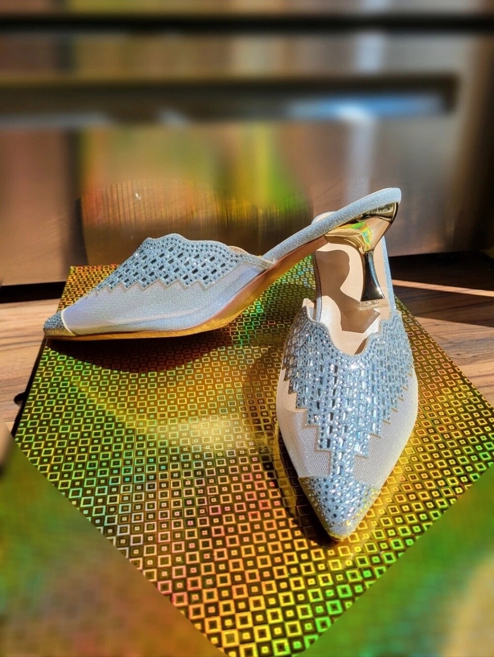 Silver Sparkly Mesh Heels Mules with Rhinestones| Size 8